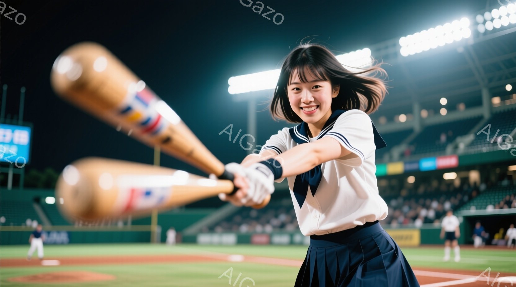 制服姿の女性が野球のバットを振りかぶっている様子が写っています。彼女は白いブラウスに紺色のリボンとスカートを身につけ、髪を後ろでまとめ、笑顔でスイングしています。背景には野球場が見え、観客席にはぼんや - AI生成フリー素材