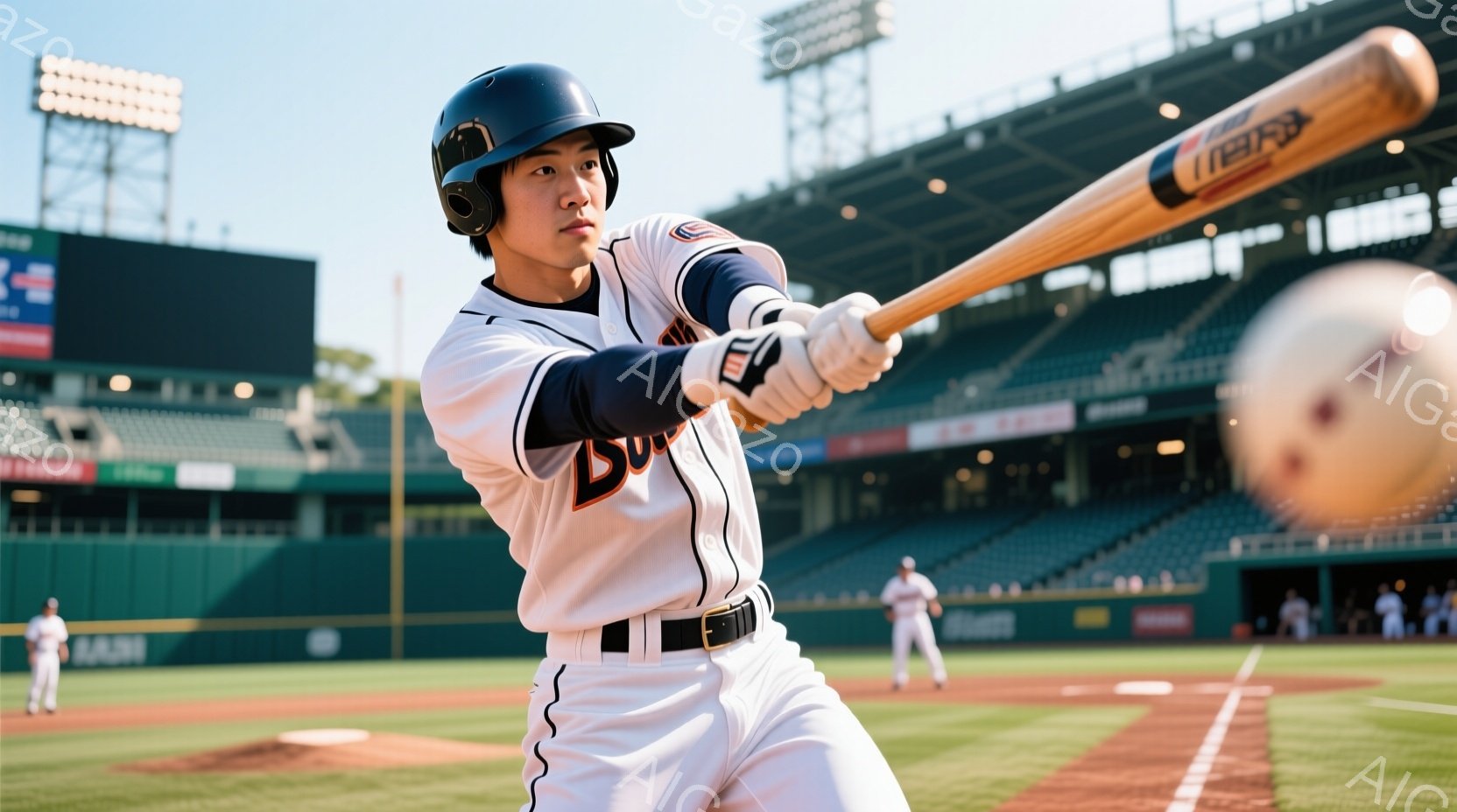 野球選手がバッティングフォームで写っている。白いユニフォームに黒のライン、黒いヘルメットを着用し、力強くスイングしている様子が捉えられている。背景には緑のグラウンドと観客席、そして晴天の空が広がり、活気のある野球場の雰囲気が伝わってくる。