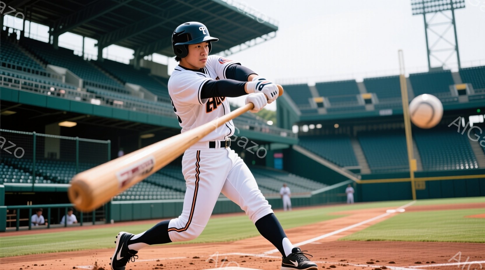 野球選手がスイングしている瞬間を捉えた写真です。白を基調としたユニフォームに黒とオレンジのラインが入り、黒いヘルメットを被っています。背景には緑の観客席と青空が見え、晴天の下での試合が行われている様子が伺えます。