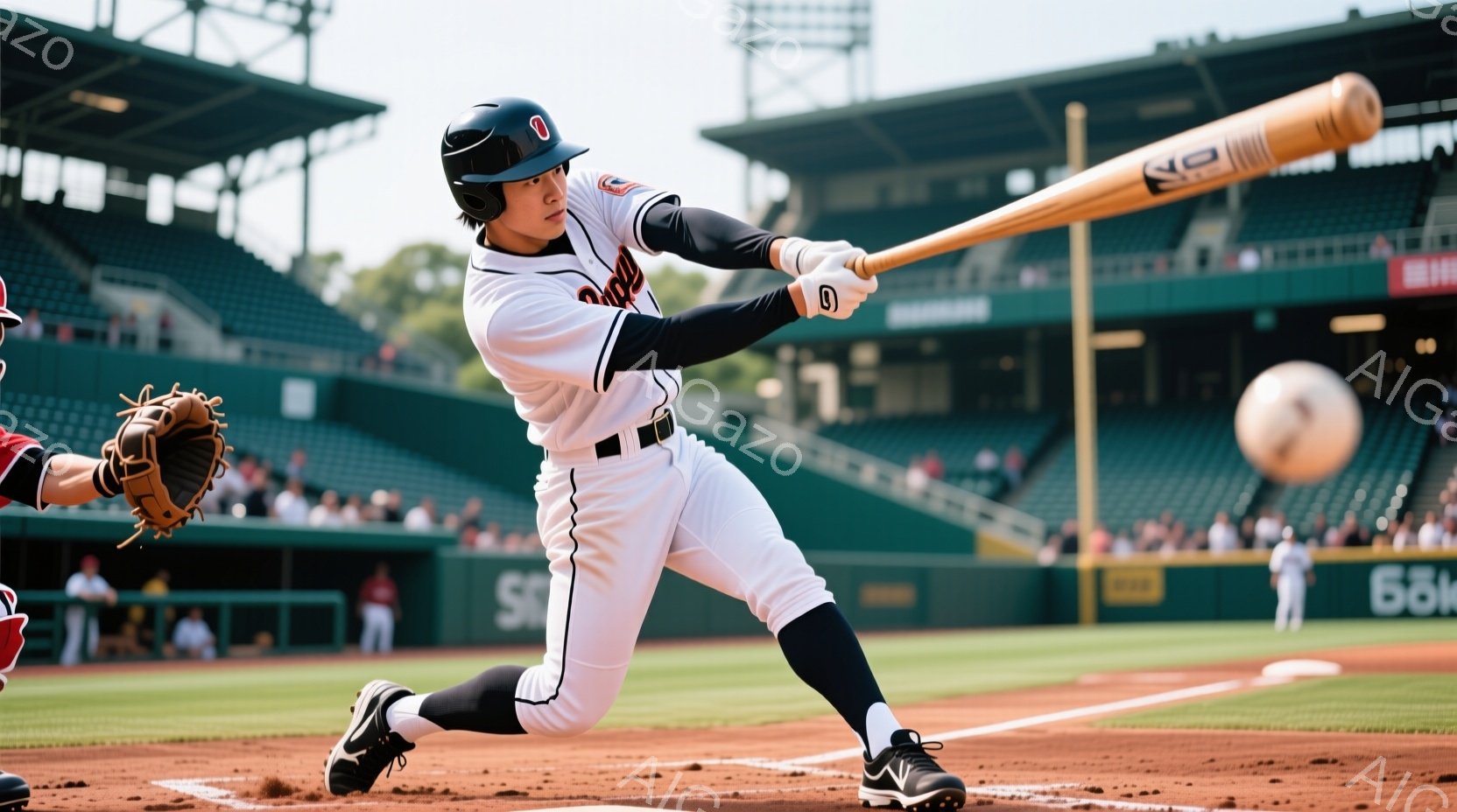 野球選手がバットを振りかぶって打撃をしている様子が写っている。彼は白のユニフォームと黒のスパイクを着用し、キャップを被っている。背景には緑の芝生、観客席、そして晴天の空が広がり、活気のある野球場の雰囲気が伝わる。