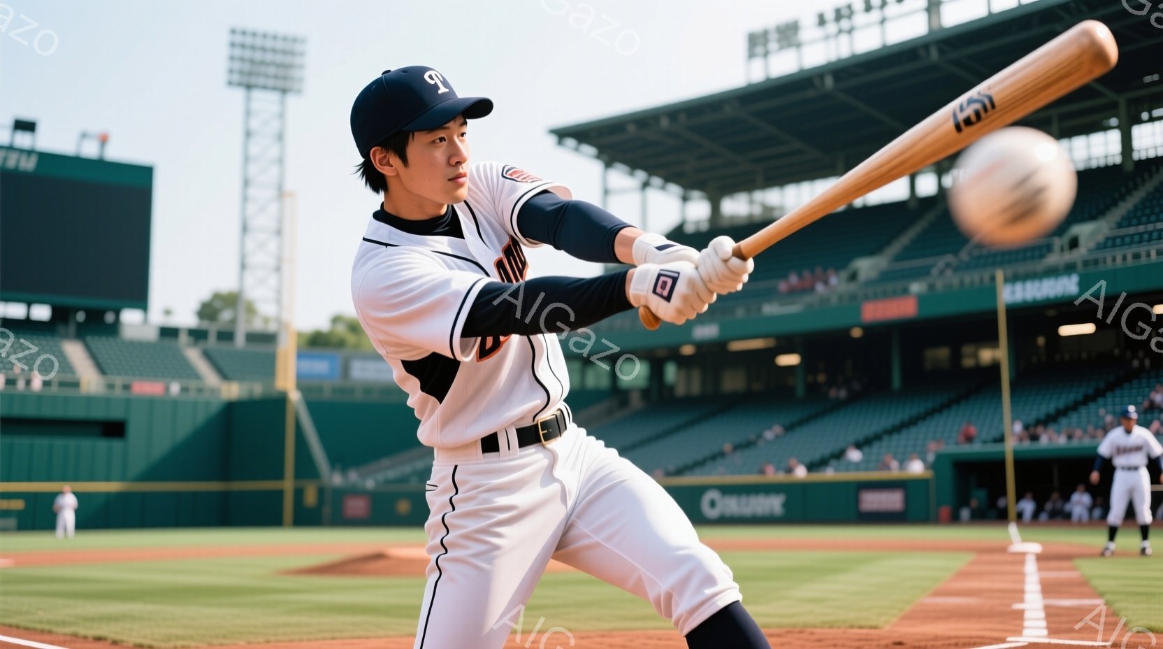 野球選手がバットを振りかぶっている瞬間を捉えた写真です。白を基調としたユニフォームに、濃い色のキャップとベルトが映えています。背景には緑の芝生と観客席、そして晴天の下でそびえ立つスタジアムの建物が見え、活気のある試合の雰囲気が伝わってきます。