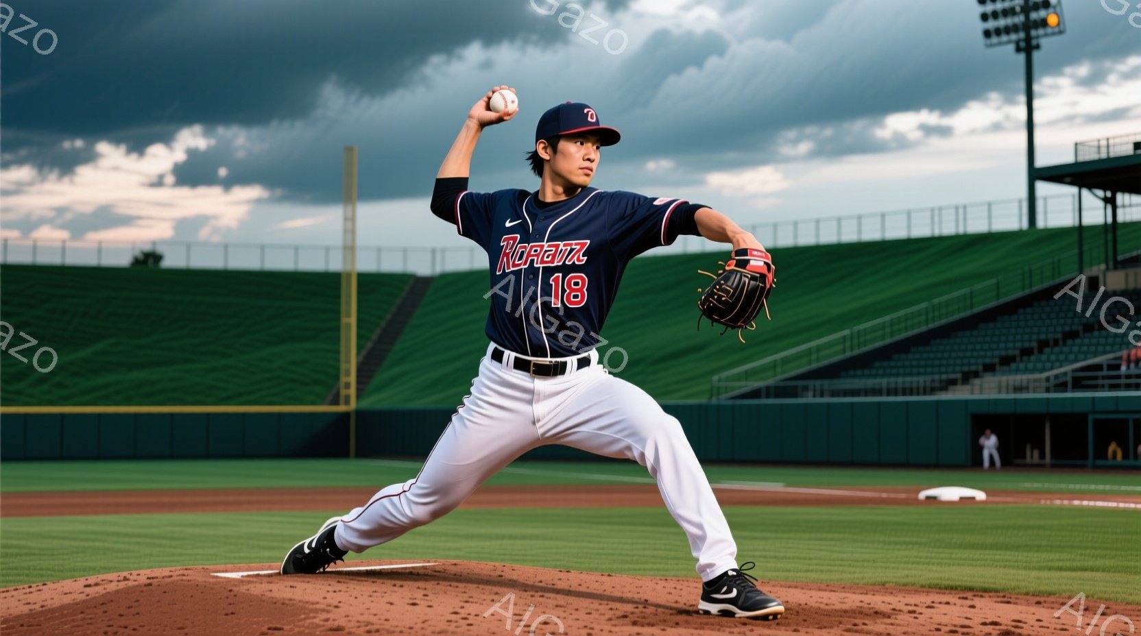 野球選手が投球フォームに入っている写真です。紺色のユニフォームに「KORAT」と書かれた文字と背番号18、黒い帽子とスパイクを着用し、右腕を大きく振りかぶってボールを投げようとしています。背景には緑色の観客席と、曇り空の下の野球場全体が広がっており、プロ野球選手のような本格的な雰囲気が漂っています。