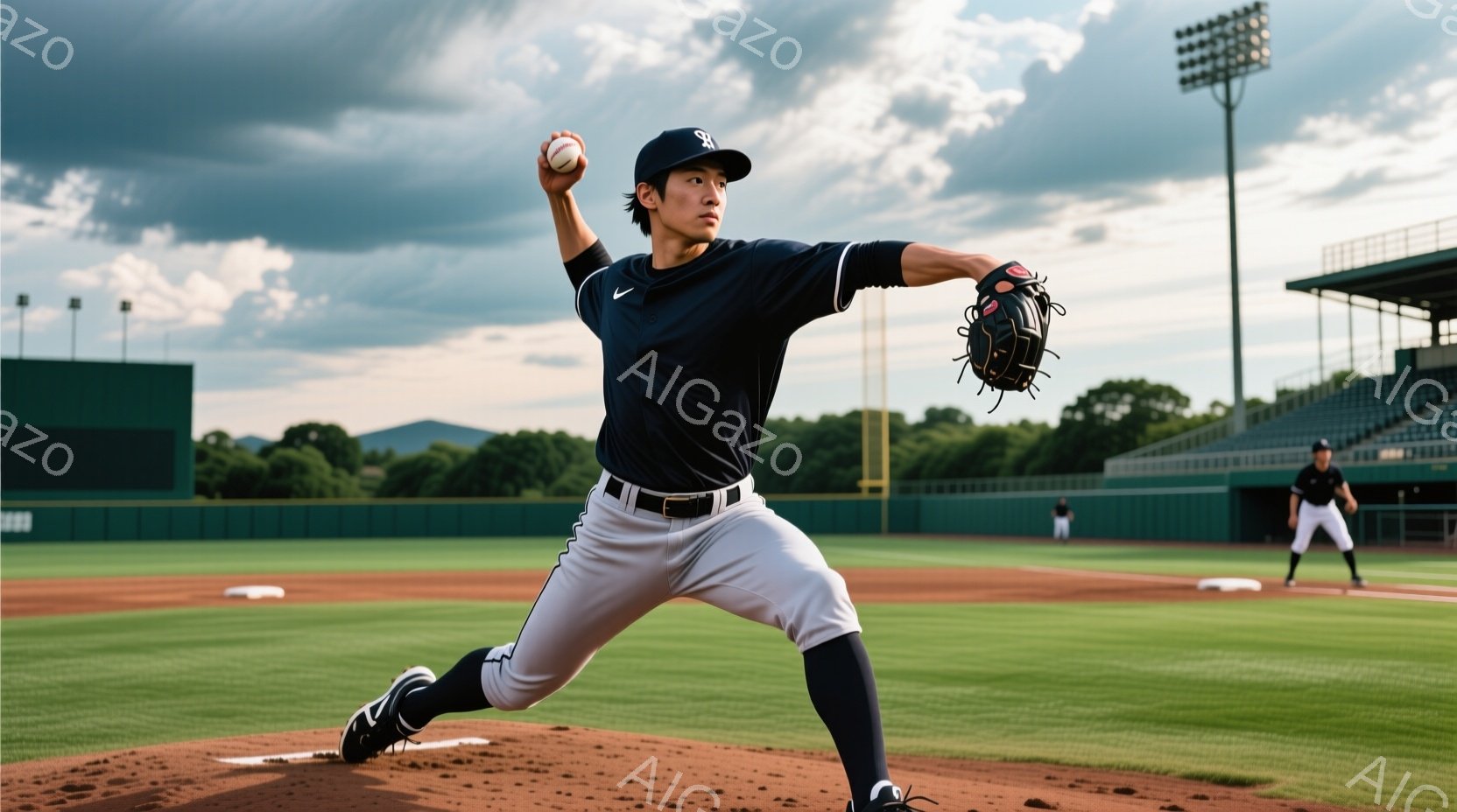 野球選手が投球の動作に入っている写真です。濃紺のユニフォームと白のパンツ、黒のスパイクを身に着け、キャップを被っています。背景には緑の芝生と観客席、そして曇り空と山々が広がり、プロ野球の練習試合のような雰囲気です。