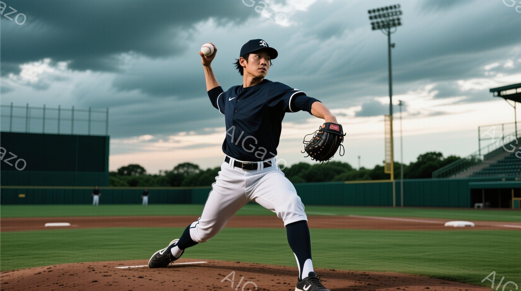 野球選手が投球の動作をしている写真です。紺色のユニフォームと白いズボンを着用し、黒い帽子を被っています。背景には緑の芝生、観客席、そして曇り空が広がっており、試合前の緊張感と静けさが感じられます。
