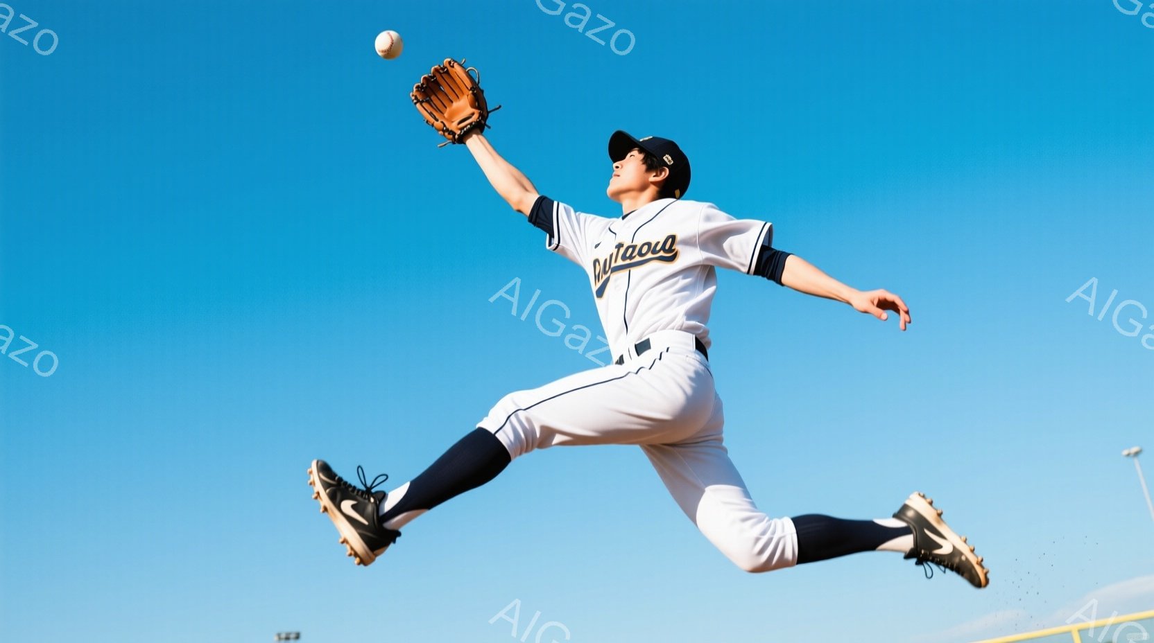 野球選手がダイビングキャッチを試み、空中で体を大きく広げています。白とネイビーのユニフォームに黒いキャップを着用し、真剣な表情でボールに手を伸ばしています。背景は晴れた青空で、野球場の一部が見え、躍動感あふれる瞬間を捉えています。