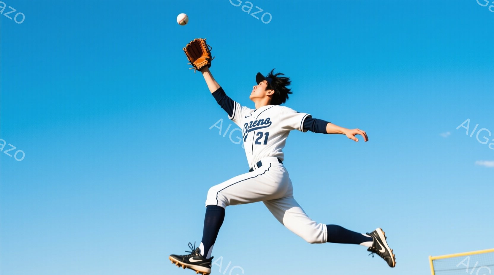 野球選手がジャンプしてボールをキャッチしようとしている瞬間を捉えた写真です。白いユニフォームに紺色のソックスとスパイクを履き、黒い髪を短く整えています。背景は晴れた青空で、野球場のネットの一部が見え、躍動感と活気に満ちた雰囲気が漂っています。