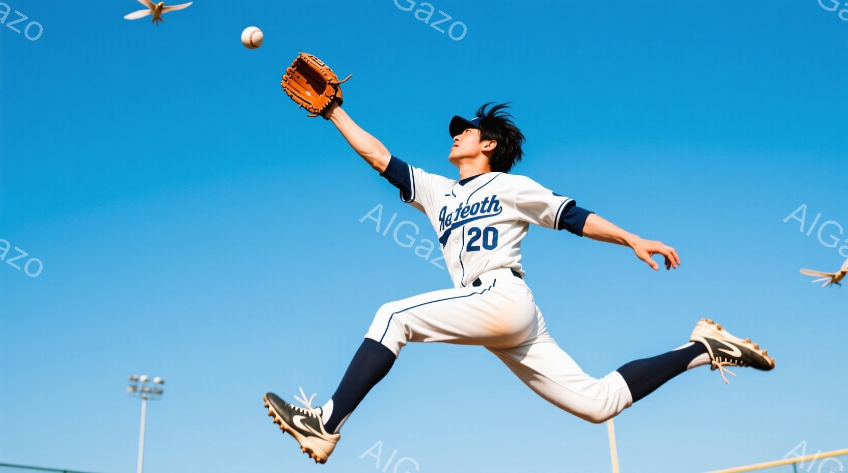 野球選手がジャンプしてボールをキャッチしようとしている姿が写っている。白を基調としたユニフォームには「20」の背番号が入り、黒のヘルメットとスパイクを着用している。空は晴れ渡り、背景には野球場の一部とポールが見え、躍動感あふれる瞬間を捉えた写真である。