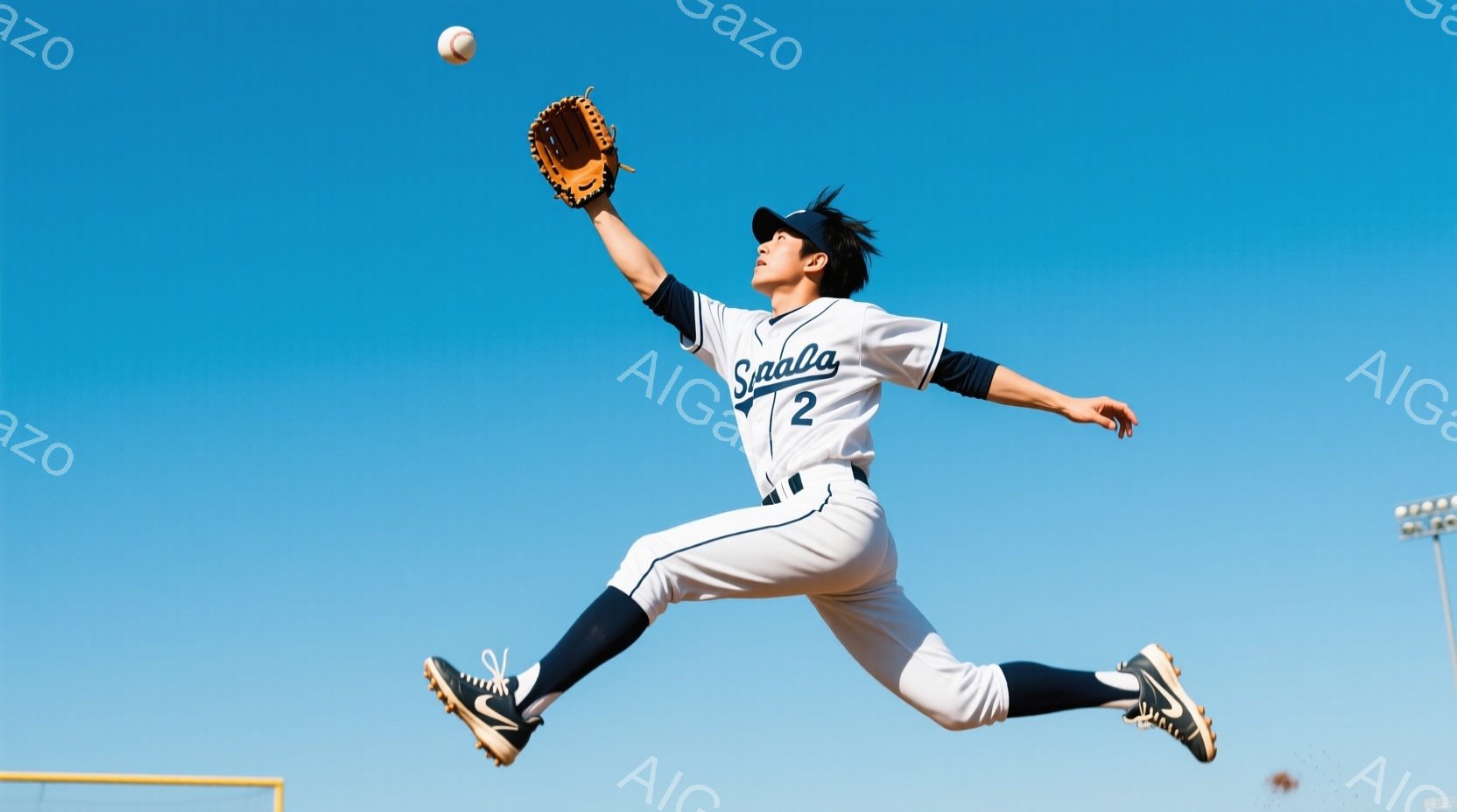 空を背景に、野球のユニフォームを着た選手がジャンプしてボールをキャッチしようとしている瞬間を捉えた写真です。白いユニフォームには「Spala」と数字の「2」が書かれており、黒いヘルメットとスパイクを履いています。晴天の下、選手は力強く空中に飛び上がり、集中した表情でボールに手を伸ばしています。