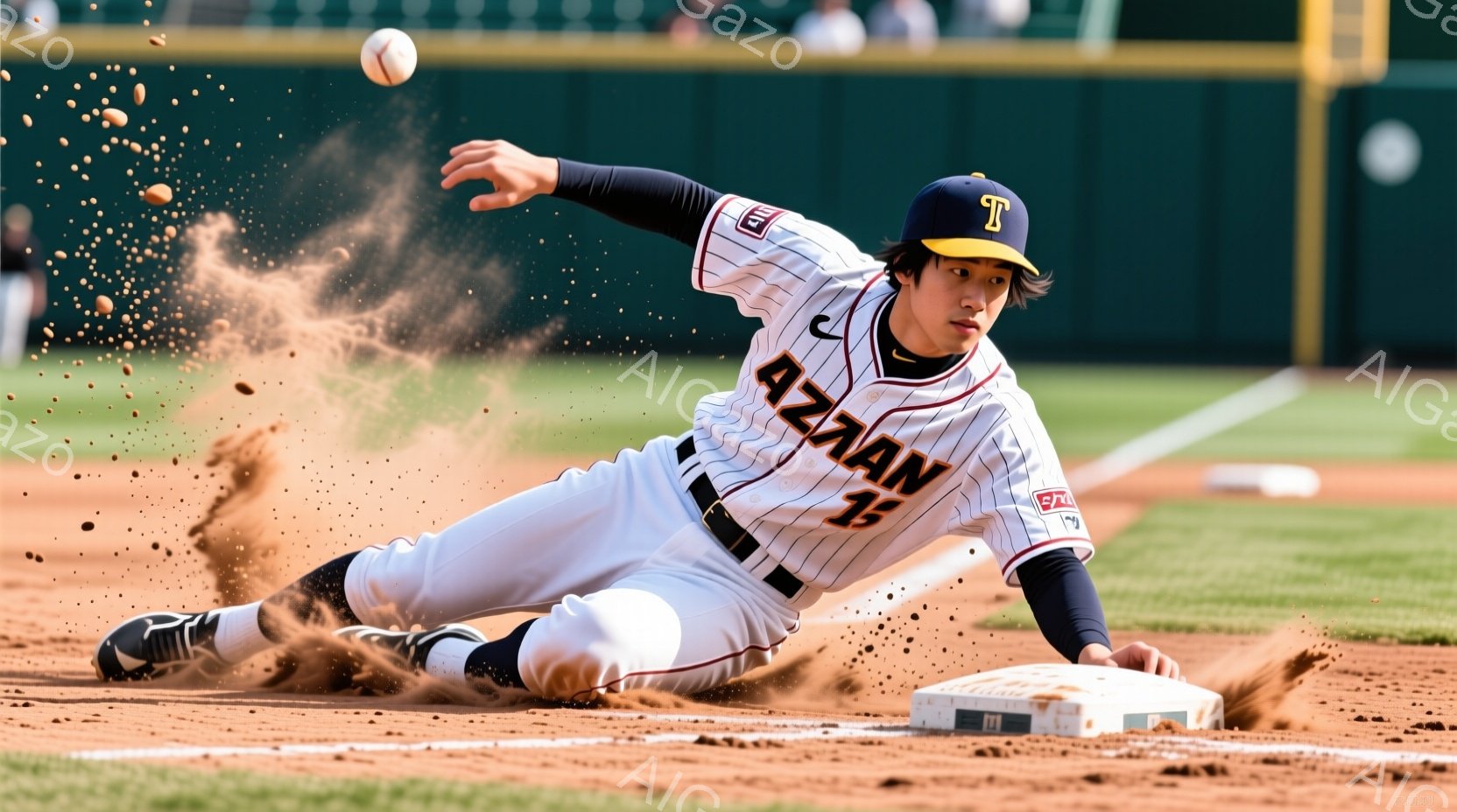 野球選手がベースにスライディングしている様子が捉えられています。白を基調としたユニフォームには「AZAN」と背番号「15」が大きく書かれており、黒いリストバンドとキャップを着用しています。土埃が舞い上がり、ダイナミックなスライディングの瞬間を捉え、運動場の背景がぼやけています。