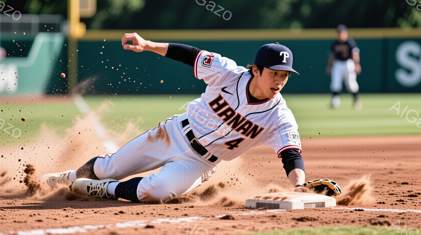 野球選手がベースに滑り込もうとする瞬間を捉えた写真です。白のユニフォームには「HANAN 4」と大きく書かれており、ヘルメットを被り、集中した表情で体を伸ばしています。背景には緑の芝生と観客席が見え、土埃が舞う様子から激しいプレーが行われていることがわかります。