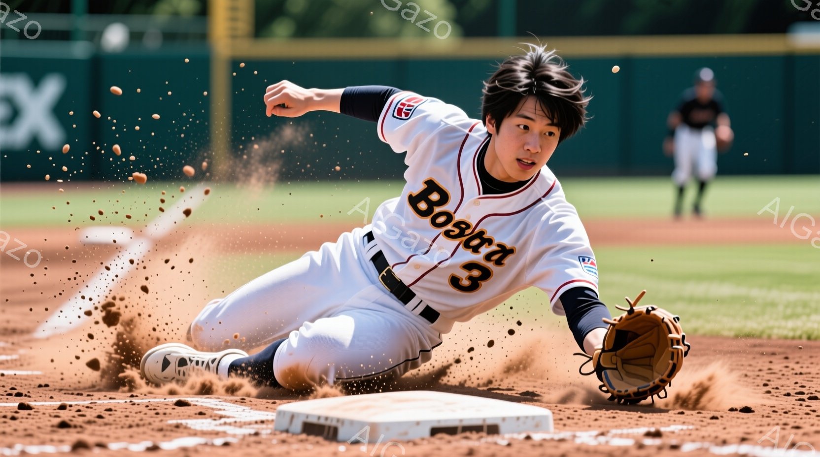 野球選手がベースにスライディングしている瞬間を捉えた写真です。白と紺のユニフォームには「Bosco」と数字の「3」が大きく描かれており、濃い茶色の髪型は少し無造作にセットされています。土煙が舞い上がり、選手は迫力ある表情でベースにタッチしようとしています。