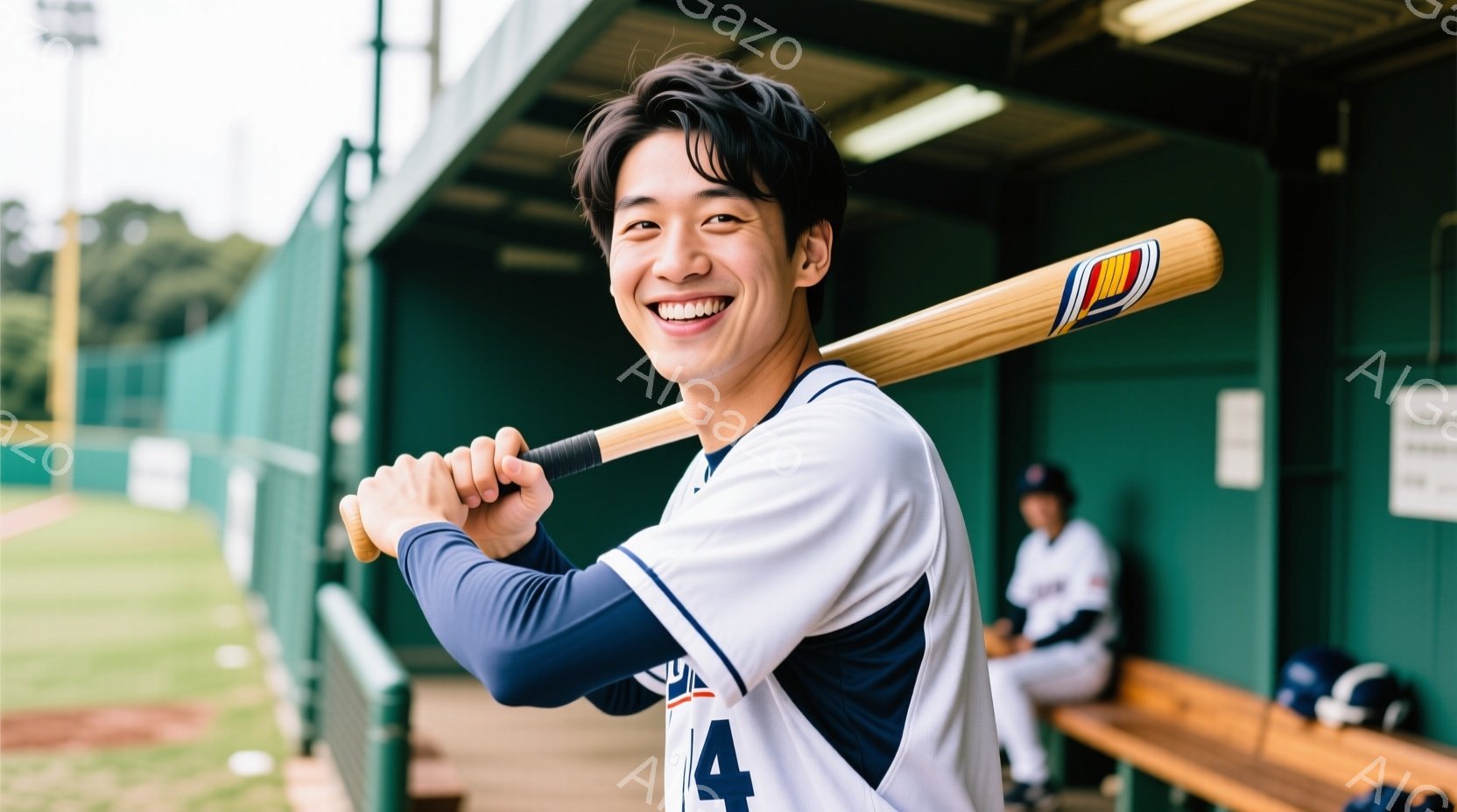 野球選手と思われる若い男性が、野球バットを肩に担ぎ、満面の笑顔を浮かべている。彼は白と紺のストライプの長袖ユニフォームに「4」の背番号が書かれており、黒髪を短く整えている。背景には緑の芝生と、他の選手が座っているベンチ、そして一部が見える建物があり、晴れた日の屋外の野球場という雰囲気である。