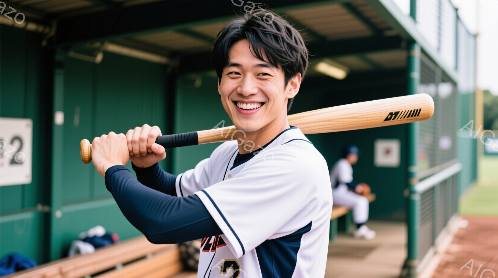 野球選手と思われる若い男性が、バットを肩に担ぎ、満面の笑みを浮かべている。紺と白のストライプが入った野球ユニフォームを着用し、濃い髪は短く整えられている。背景には、緑色のフェンスと、他の選手たちがベンチに座っている様子が見え、晴天の下、活気のある野球場の雰囲気が伝わってくる。