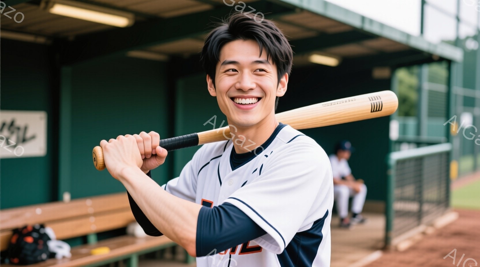 白い野球ユニフォームを着た若い男性が、バットを構え、満面の笑みを浮かべている。彼は黒髪で、少し無造作なヘアスタイル。背景には野球場のダグアウトと、緑の芝生、そしてぼやけた観客席が見える。