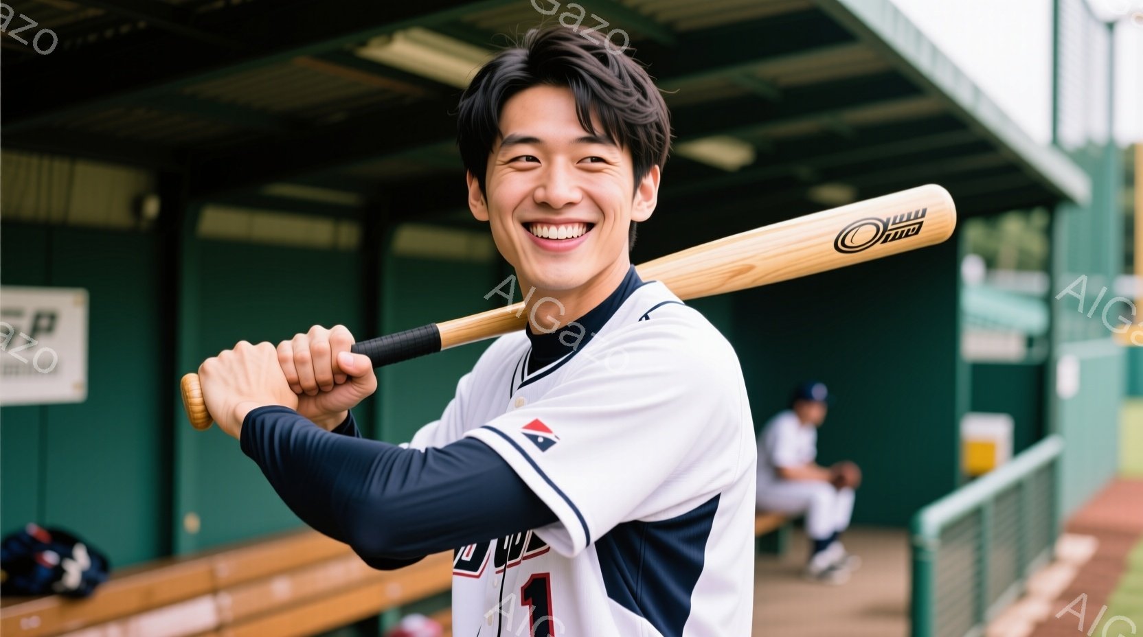 野球選手と思われる若い男性が、バットを肩に担ぎ、満面の笑みを浮かべている。白を基調としたユニフォームには「1」の背番号が書かれており、袖は濃い紺色をしている。背景には緑色の壁と、他の選手らしき人物がベンチに座っている様子が見え、晴天の下での試合や練習風景を思わせる。