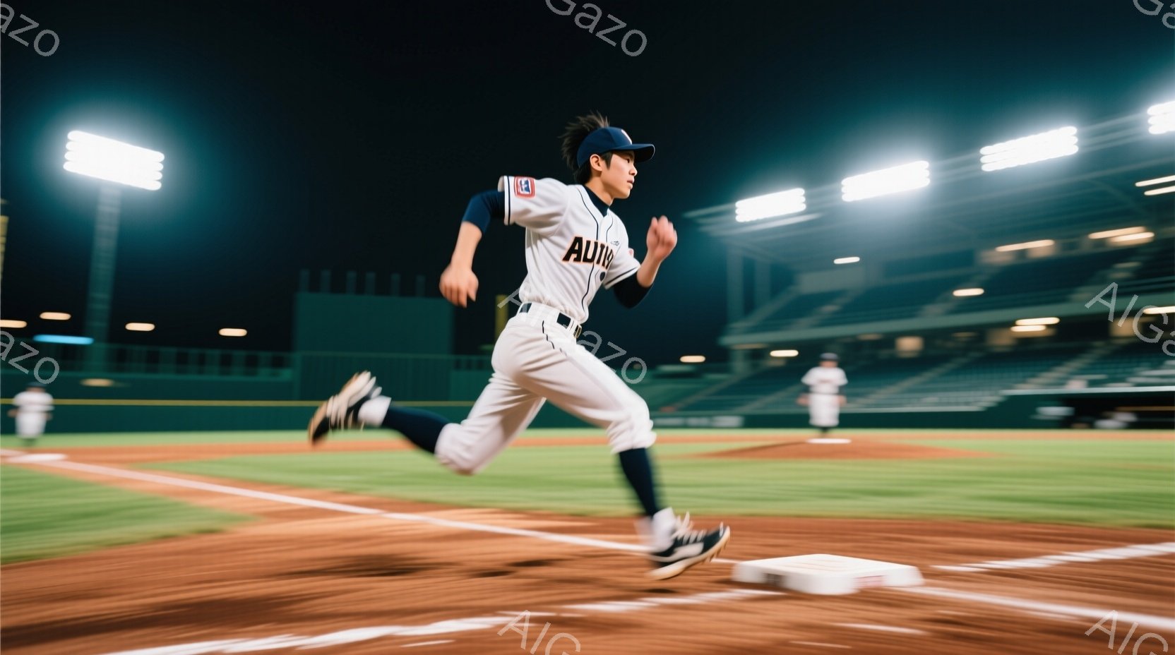 野球選手がベースランニングをしている写真です。白いユニフォームに黒いラインが入っており、黒のキャップを被っています。背景は夜の野球場であり、観客席は薄暗く、照明が選手を照らしています。