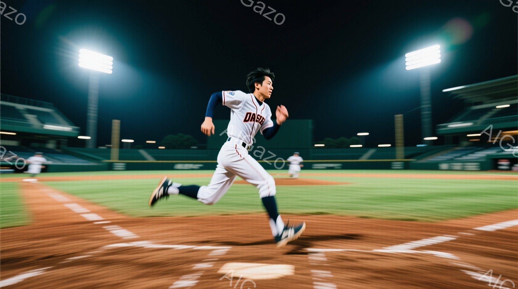 野球選手が土のベースボールコートを全力で走っている様子が捉えられている。白を基調としたユニフォームに、青い袖と「DASH」と書かれたロゴが特徴的で、黒髪を短く整えた選手は、集中した表情で前を見据えている。背景には観客席と照明塔がぼやけ、夜間の試合が行われていることがわかる、躍動感あふれる一枚である。