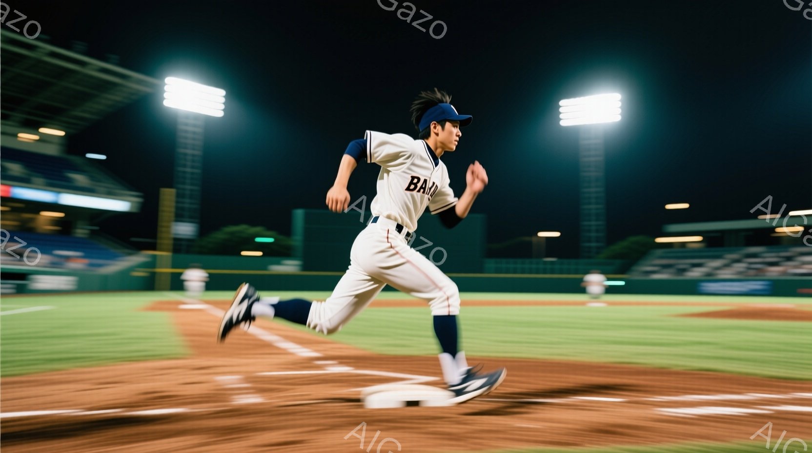 野球選手がベースを駆け抜けている姿が捉えられている。紺色のユニフォームにキャップを被り、真剣な表情でスピード感のある走りをしている。背景には観客席や照明塔が見え、夜間の野球場の雰囲気が伝わってくる。