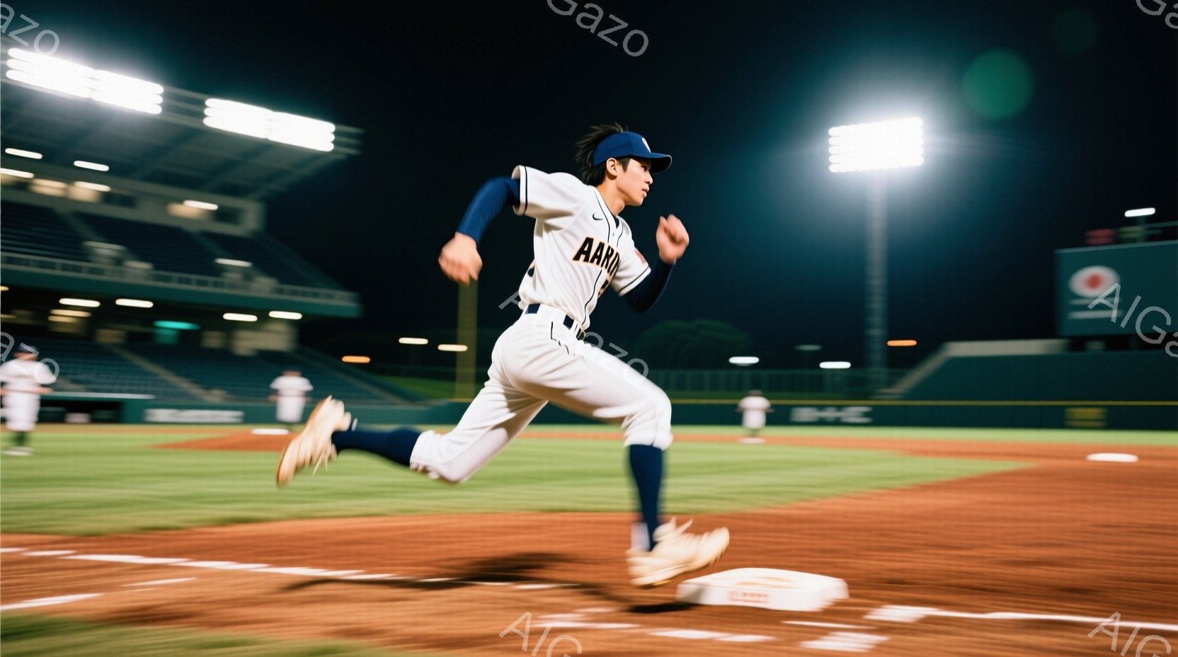 野球選手が土のフィールドを全速力で走っている様子が捉えられています。彼は白い野球ユニフォームにキャップをかぶり、髪は短く整えられています。背景には夜の野球場とぼやけた観客席が見え、照明がフィールドを照らし出しており、活気のある競技の雰囲気を醸し出しています。