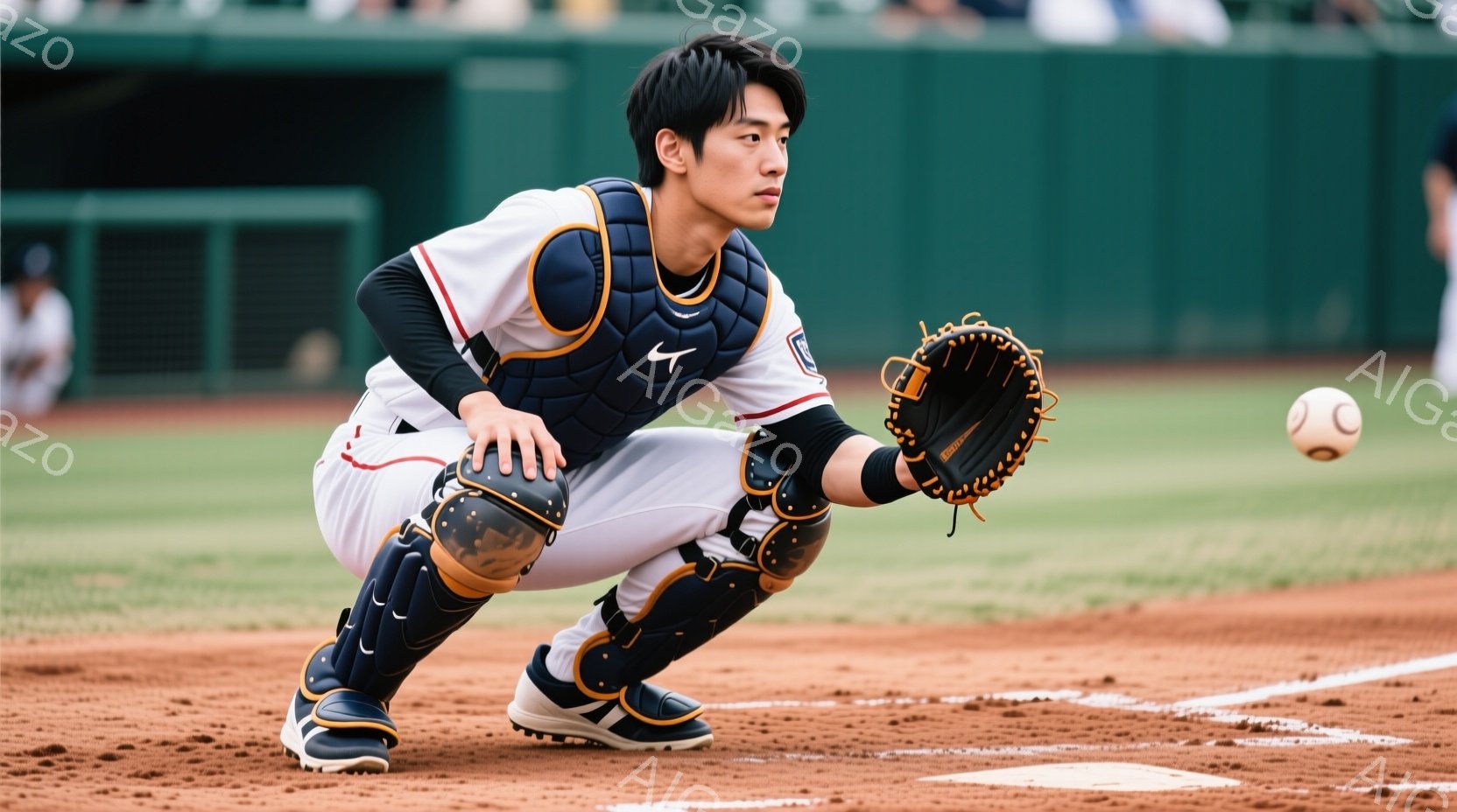 野球選手がキャッチャーの構えで砂場の地面に膝をついており、捕球のためにミットを構えています。白のユニフォームに、黒と金のパッド、そして紺色のスパイクを履いており、黒髪を短く整えた若々しい表情をしています。背景には緑色の観客席と、青空が見え、試合が行われている活気のある雰囲気が伝わってきます。