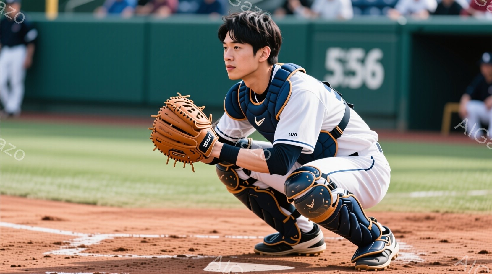 野球選手が土のグラウンドにしゃがみ込み、キャッチャーの装備を身につけています。彼は白いユニフォームと濃い青のヘルメットを着用し、集中した表情でミットを構えています。背景には観客席が見え、晴天で野球場全体が明るく照らされています。