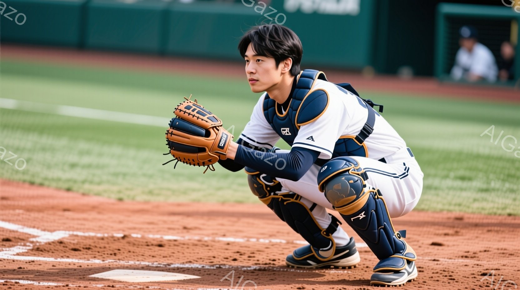 野球選手がキャッチャーの構えで地面に膝をついて座っている。彼は白いユニフォームと紺色のキャッチャーズギアを身につけ、濃い茶色のグローブをはめている。背景には緑の芝生と観客席が見え、晴れた日の屋外の野球場という雰囲気である。