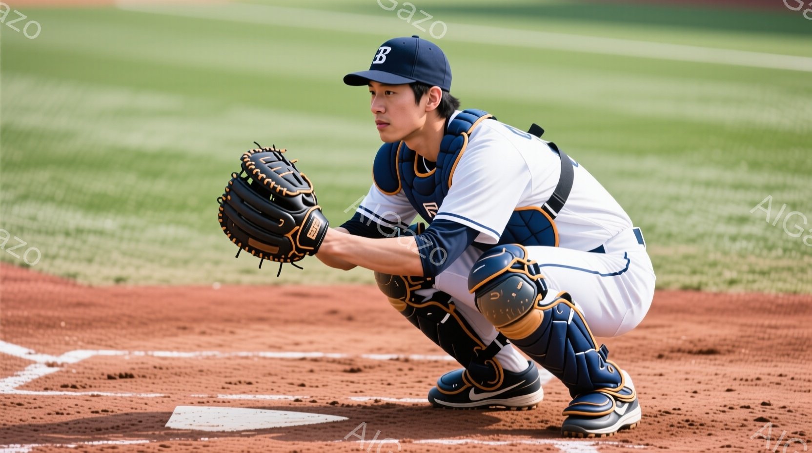 野球のキャッチャーが、土のグラウンドに膝をついて構えている様子が写っている。紺色の帽子と、白と紺のストライプのユニフォーム、プロテクター、レッグガードを身につけ、集中した表情でミットを構えている。背景は緑色の芝生と土のグラウンドが広がり、野球場であることがわかる。