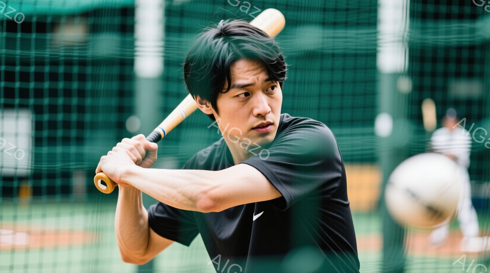黒いTシャツを着た男性がバッティング練習をしている様子が写っている。彼は右手にバットを持ち、スイングの準備をしている姿勢で、真剣な表情をしている。背景にはネットと、ぼやけた他の練習者がおり、全体的に活 - AI生成フリー素材
