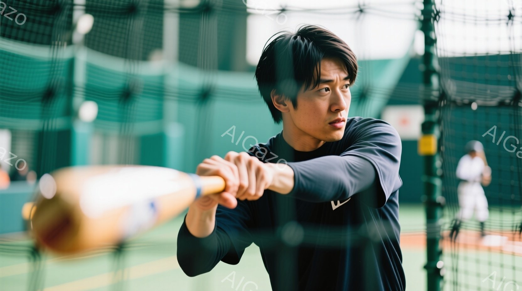 バッティング練習中の男性が写っている。黒い長袖シャツとズボンを着用し、濃い茶色の髪は短く整えられている。彼はバットを構え、強い集中力と真剣な表情でボールを待っている様子で、背景にはネットとぼやけた他の選手が見える。