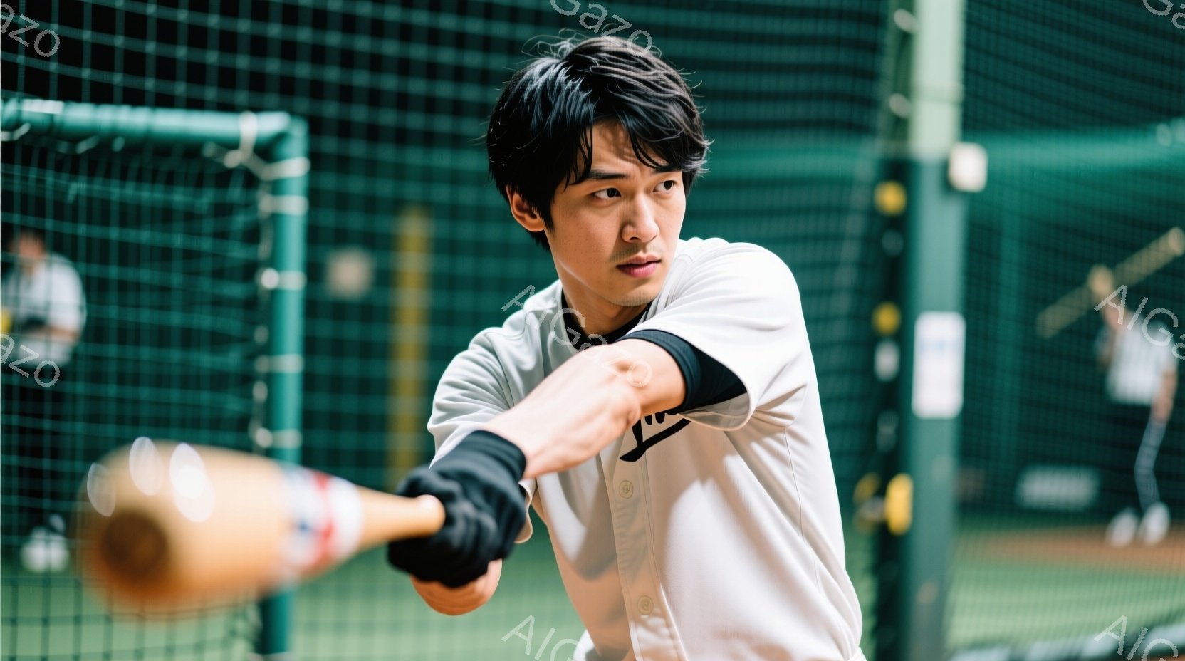 野球バットを構える若い男性が写っている。白の野球ユニフォームに黒のリストバンドとグローブを着用し、真剣な表情でスイングの準備をしている。背景にはネットと観客席が見え、屋外の野球練習場の雰囲気である。