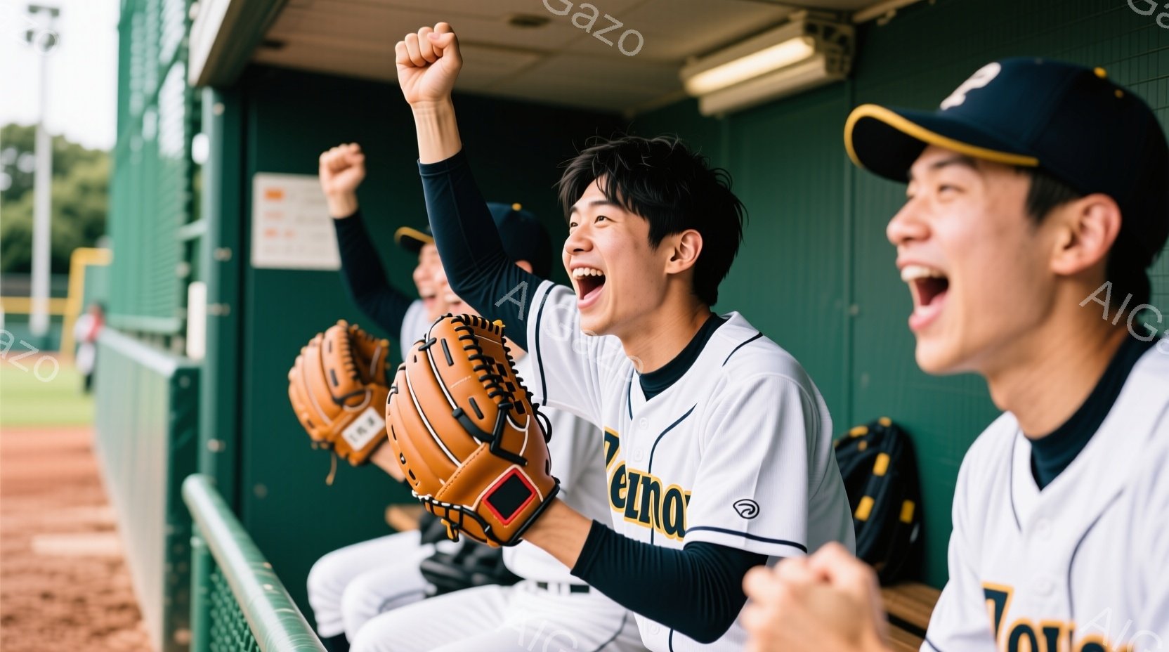 複数の野球選手がベンチに座り、興奮した様子で腕を上げて叫んでいます。選手たちは白いユニフォームと黒いアンダーシャツを着ており、髪型は短髪で、顔には喜びと興奮が表れています。背景には緑豊かな木々が見え、晴れた日の屋外の野球場のベンチで、勝利を祝うチームの活気ある雰囲気が伝わってきます。