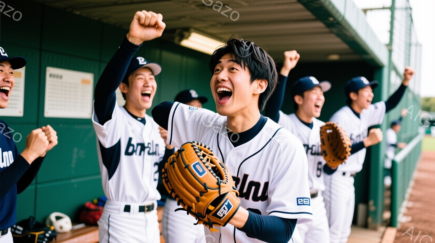 野球帽を被り、白を基調としたユニフォームを着た複数の若い男性たちが、興奮した表情で両手を高く掲げている。彼らは野球のグローブを手に持ち、勝利を祝っているかのような活気に満ちた様子が伺える。背景には、野球場の壁や備品が見え、晴天の下、熱い試合が行われた後の、喜びの瞬間を捉えた写真である。