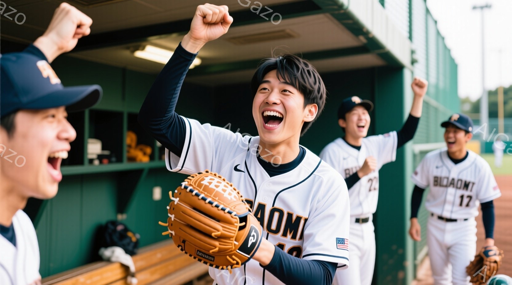 野球場のダグアウトで、複数の若い野球選手が勝利を祝っている様子が写っている。白を基調としたユニフォームに「AOMI」と書かれており、興奮した表情で腕を高く上げ、歓声を上げている。背景には緑豊かなフィールドと観客席が見え、晴天の下、熱気に満ちた雰囲気が伝わってくる。