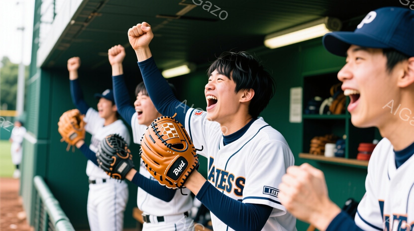 野球の選手たちがベンチで腕を高く上げて喜びを爆発させている様子が写っている。彼らは白いユニフォームにネイビーの袖と帽子を着用し、興奮した表情で口を開けて叫んでいる。背景には緑のフェンスとぼやけた野球場が見え、晴れた日の試合の熱気を伝えている。