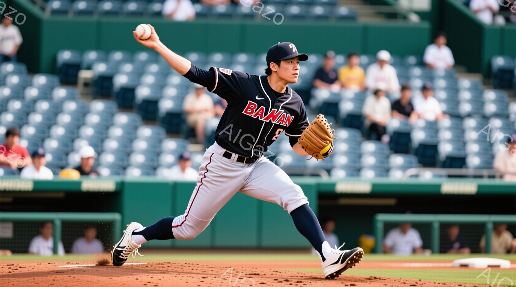 野球選手が投球の動作をしている画像です。赤いキャップと黒いユニフォーム、白いズボンを身につけ、右手にボールを持って投げようとしています。背景には観客席が見え、晴天の下、野球場の一場面が捉えられています。