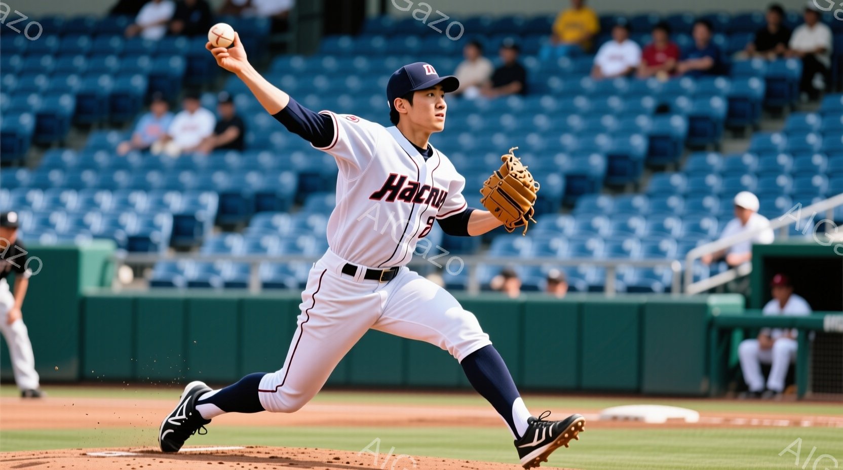野球場のグラウンドで、複数の若い野球選手たちが勝利を喜んで空に向かって腕を上げている。彼らは白いユニフォームとキャップを着用し、黒いアンダーシャツを着ている。夕暮れ時のグラウンドはオレンジ色に染まり、勝利の興奮とチームの結束を表現している。