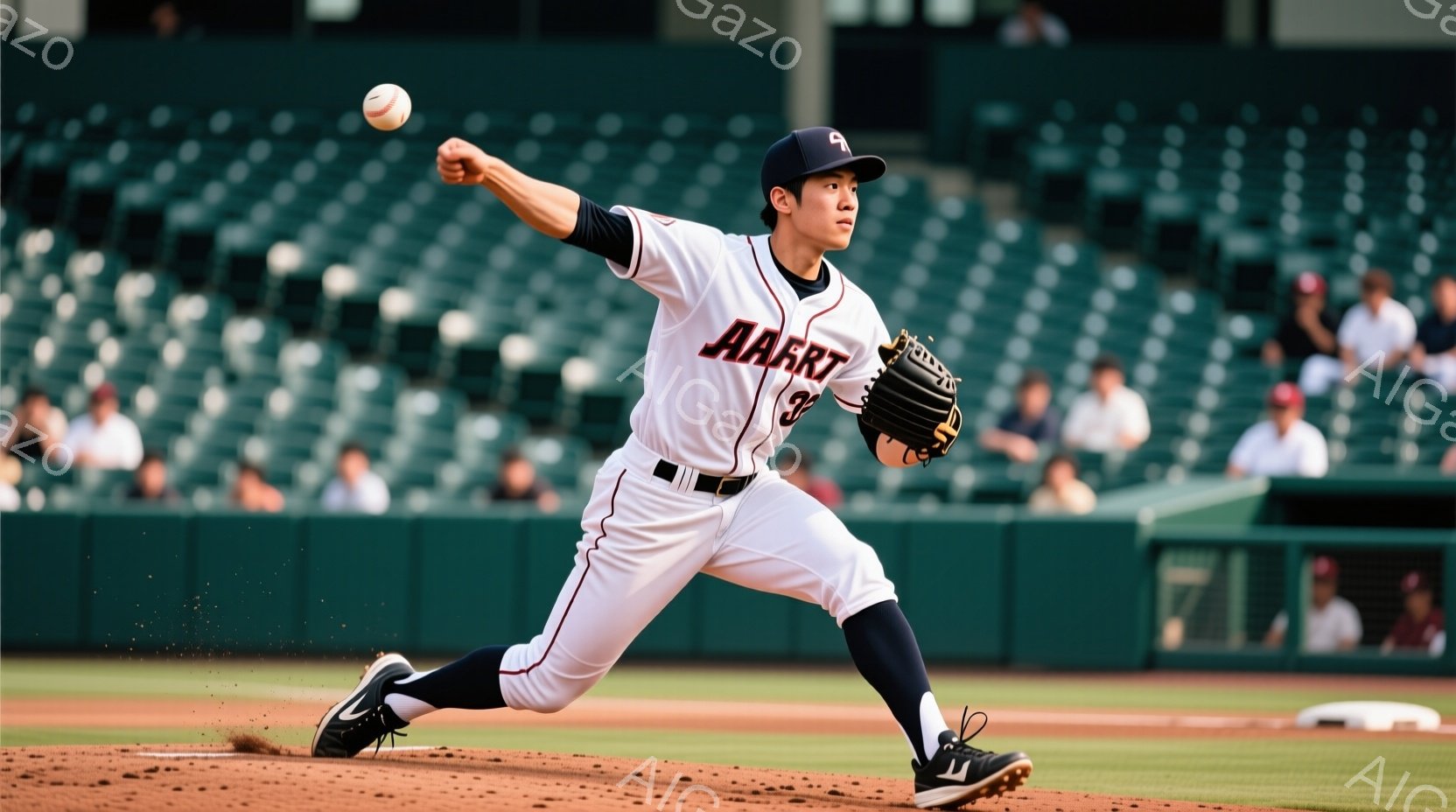 野球選手が投球動作をしている写真です。白を基調としたユニフォームに黒のズボンを着用し、黒いキャップを被っています。背景には緑色の観客席と、ぼやけた観客の姿が見え、野球場であることがわかります。