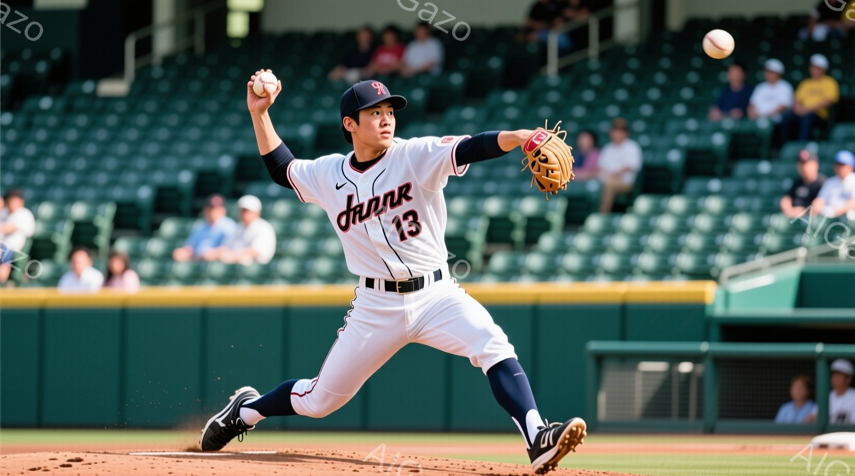 野球選手が投球動作に入っている写真です。白いユニフォームに黒と赤のラインが入っており、背番号13が大きく表示されています。背景には緑色の観客席と、晴天の空が見え、試合が行われている雰囲気を感じさせます。