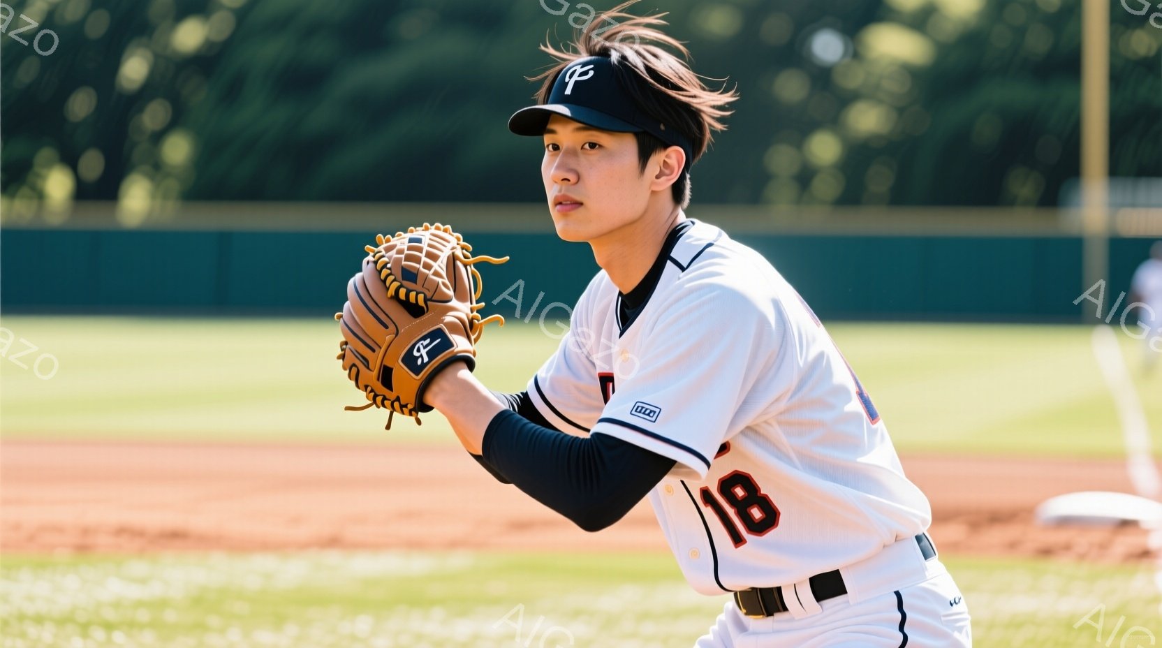 野球選手が野球の準備をしている写真です。彼は白い長袖ユニフォームに黒いズボン、帽子を着用し、背中に「18」の数字が入っています。背景には緑豊かな木々と青空が見え、晴れた日の野球場の雰囲気が伝わってきます。