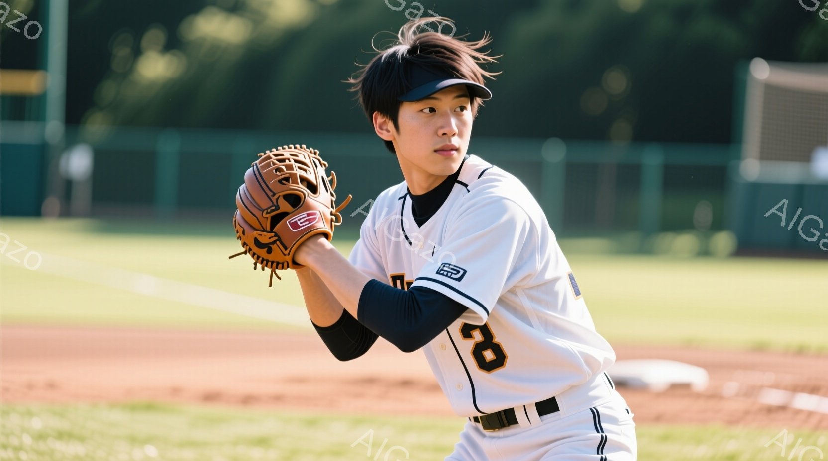 少年は野球のユニフォームを着て、フィールドに立っている。彼は黒いリストバンドとベルトを着用し、背番号「8」の入った白いユニフォームを着ている。彼の髪は少し乱れており、真剣な表情でグローブを構え、次のプレーに備えているようだ。