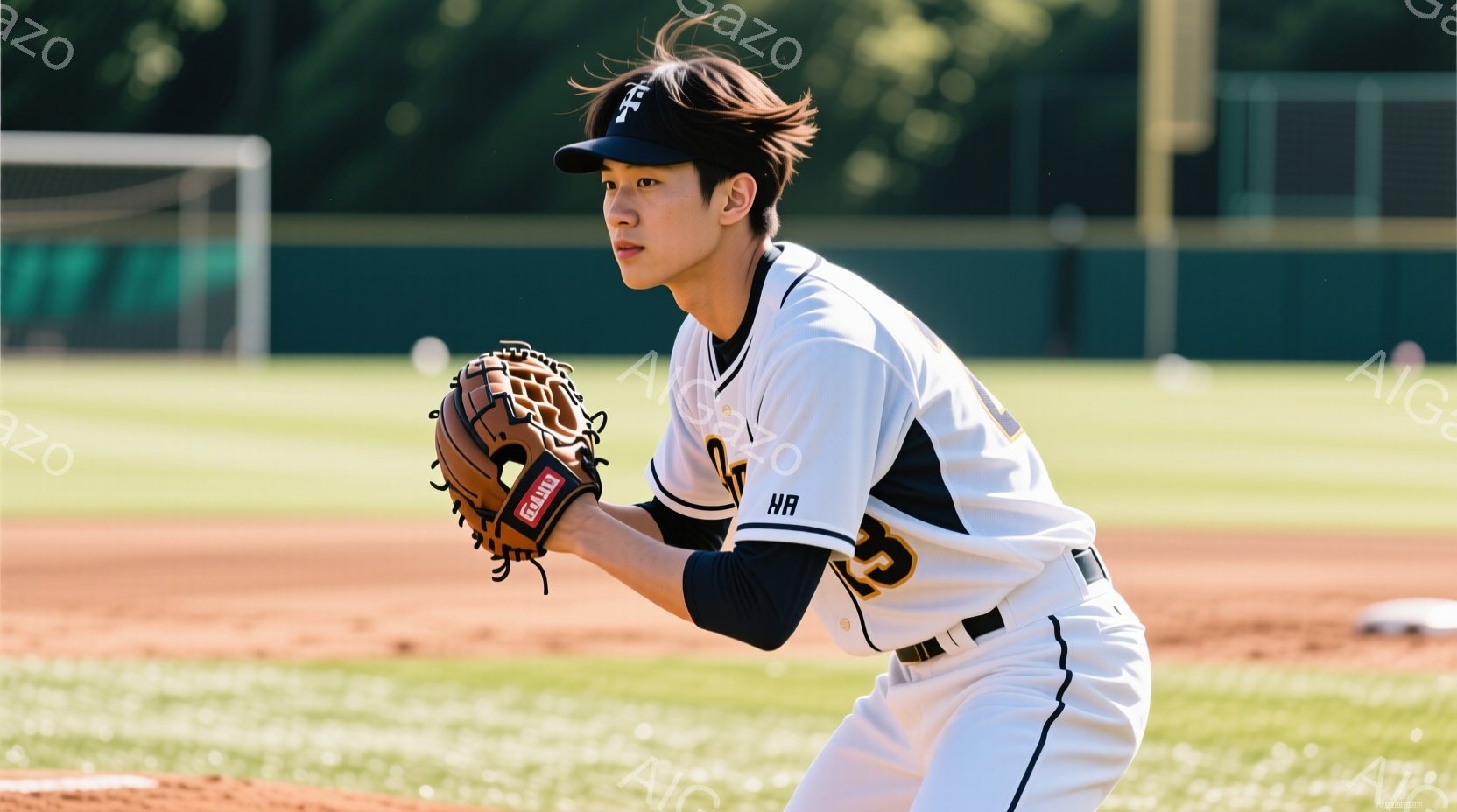 野球選手が、土のフィールドに立っている。黒いキャップと黒いアンダーシャツに、白と黒のストライプのユニフォーム姿で、グローブを構え、どこかを見つめている。背景には緑豊かな木々やフェンスが見え、晴れた日の野球練習風景を思わせる。