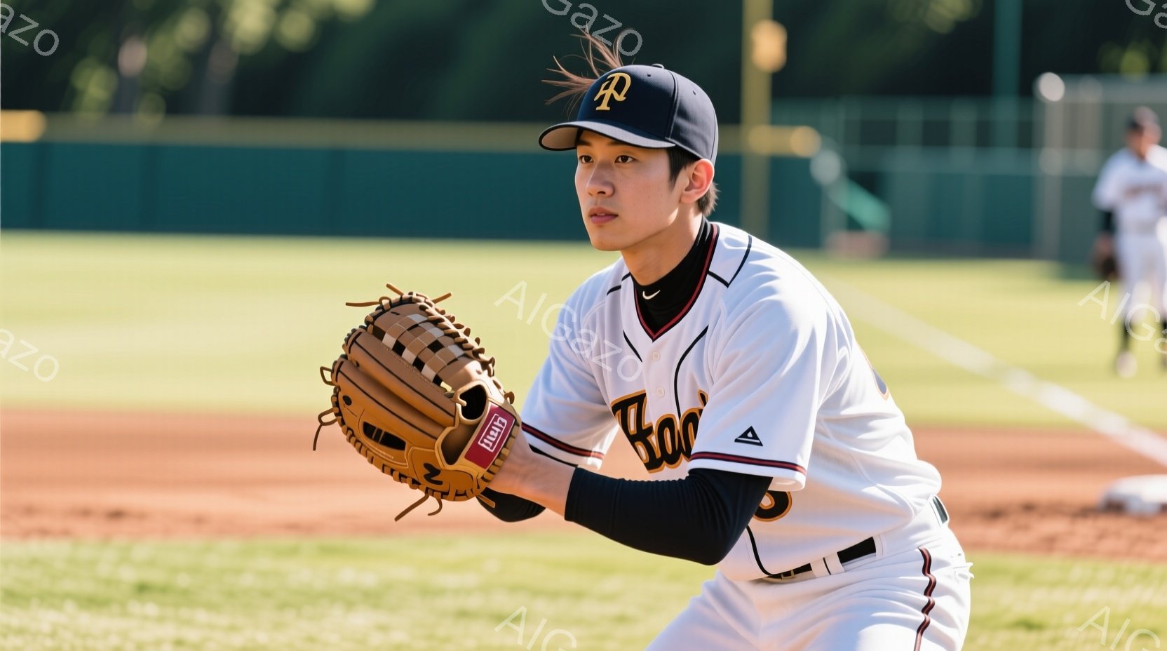 野球選手が土のグラウンドに立っており、野球のグローブを構えてボールを待っている様子が写っている。彼は黒い長袖シャツの下に白いユニフォームを着ており、黒い野球帽を被り、整髪された髪型をしている。背景には緑豊かな木々やフェンスが見え、晴れた日の屋外での試合または練習の雰囲気を感じさせる。