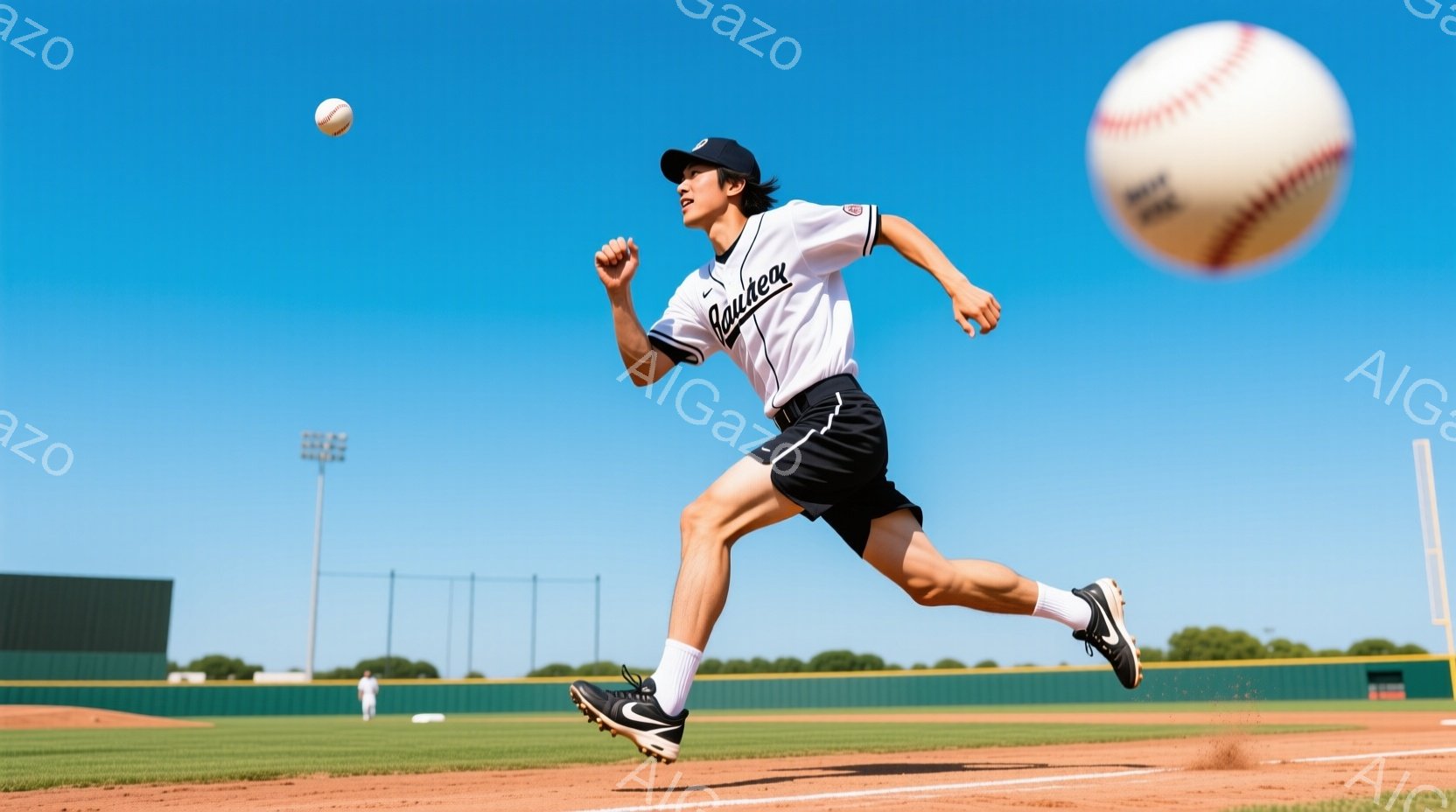 野球選手が土のフィールドを力強く走っている。白を基調としたユニフォームに黒のラインが入っており、黒い帽子とスパイクを履いている。背景には緑のフェンス、青い空、そして遠くに見える建物があり、晴天の下、活気に満ちた雰囲気が漂っている。