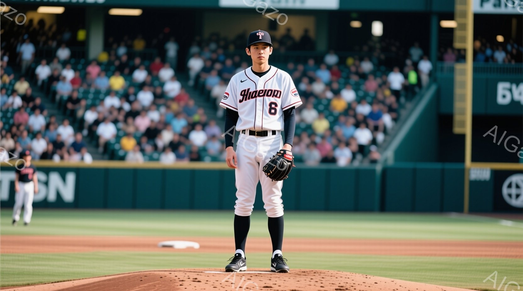 野球選手がマウンドに立っており、制球練習をしている様子である。彼は赤いストライプが入った白いユニフォームと黒い野球帽を着用し、背番号6が書かれている。背景には緑豊かな観客席と暗い空が広がり、試合の雰囲気が漂っている。