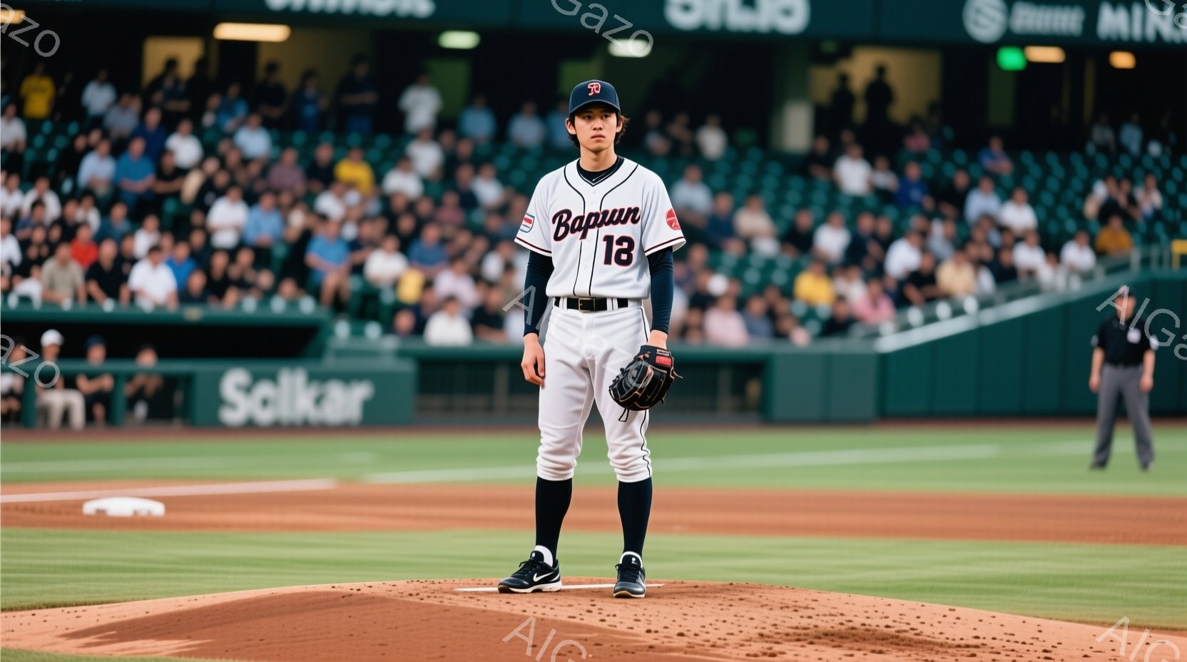 女性がコーヒーをカップに注いでいる様子が写っている。彼女は白いTシャツにデニムのエプロンを着用し、短めの黒髪で、集中した表情をしている。背景にはオフィス内の様子が見え、キャビネットやデスクが並んでいる。