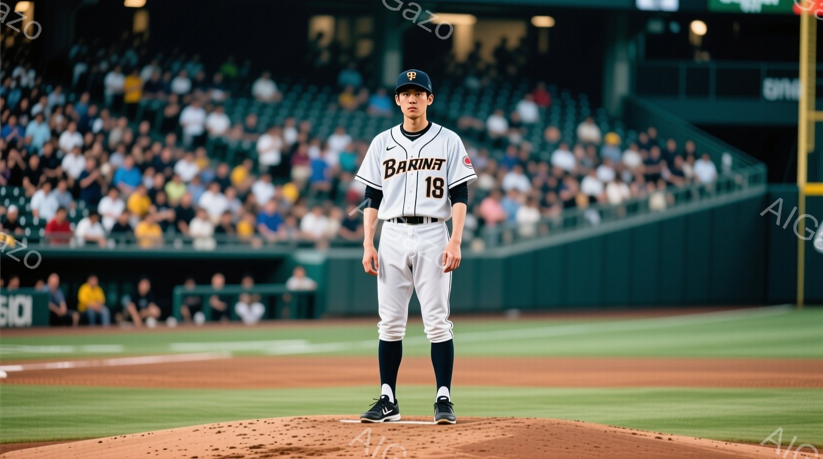 野球選手がマウンドに立っている写真です。彼は白いユニフォームに背番号18をつけ、黒いズボンとスパイクを履いています。背景には観客席と夜空が広がり、照明が照らされています。