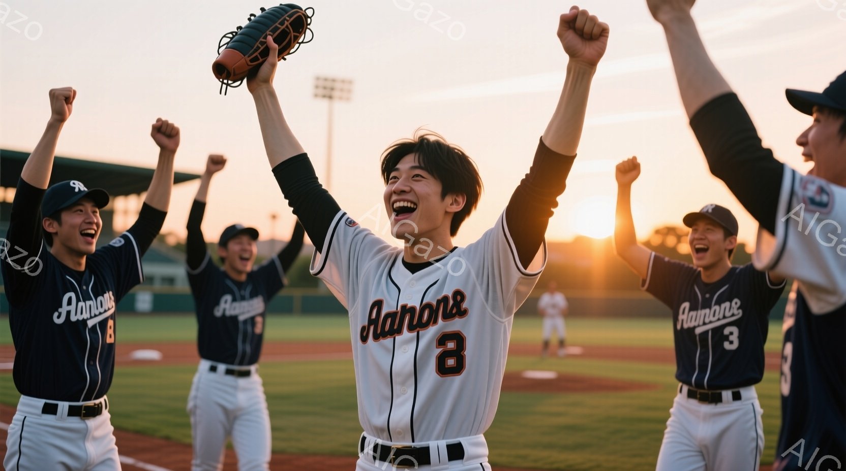 野球チームのメンバーが、勝利を祝って腕を高く上げ、歓喜の表情を浮かべている。白を基調としたユニフォームには「Aaron’s」と書かれており、背番号がそれぞれ異なる。背景は野球場であり、夕焼け空が広がり、チームの勝利を祝う熱気と感動的な雰囲気を演出している。