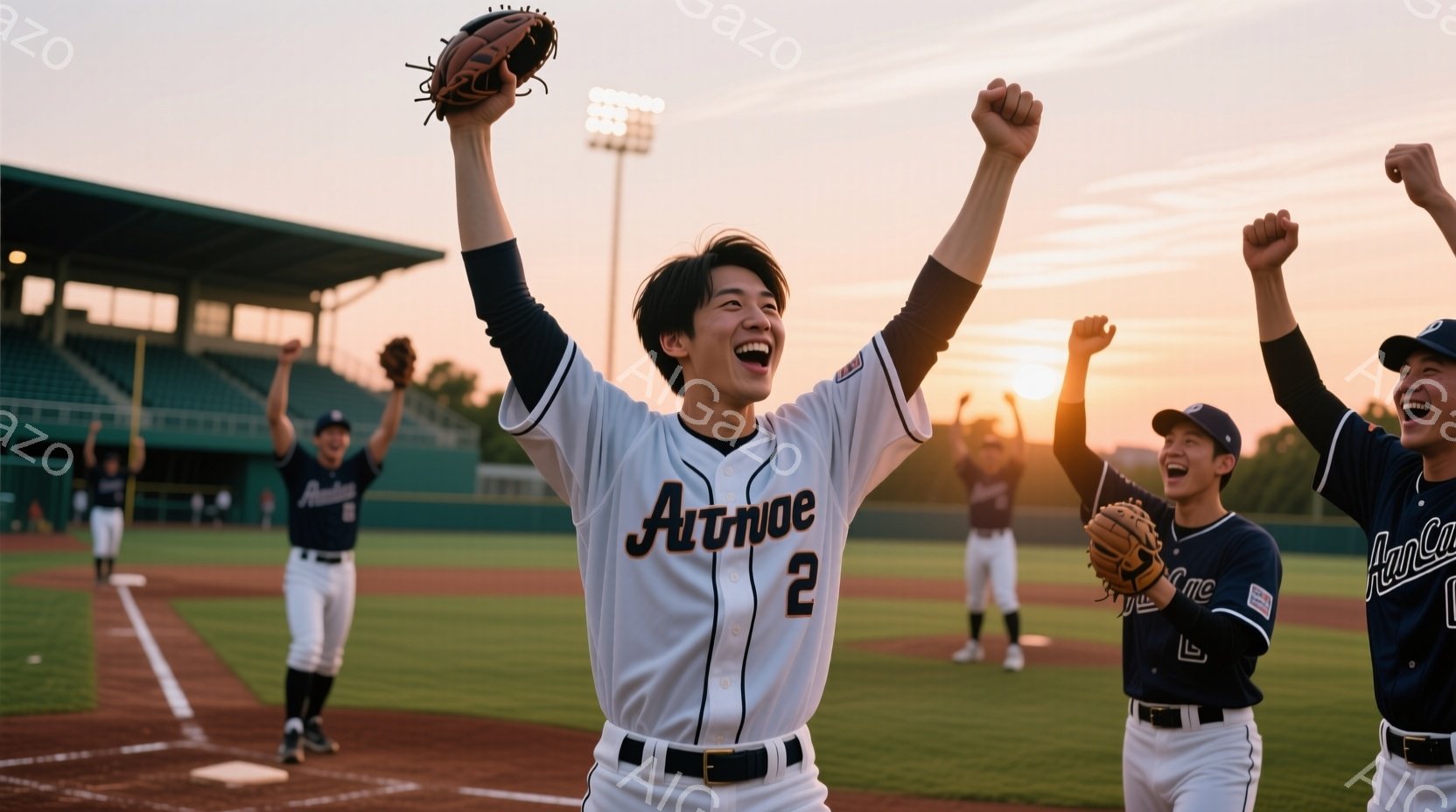 野球場で、ユニフォームを着た若い男性たちが勝利を喜び、歓喜の表情を浮かべている。白と紺のユニフォームにはそれぞれ「Altitude」と書かれており、背番号が入っている。背景には野球場、夕焼け空、そして遠くの建物が見え、全体的に明るく活気のある雰囲気が漂っている。