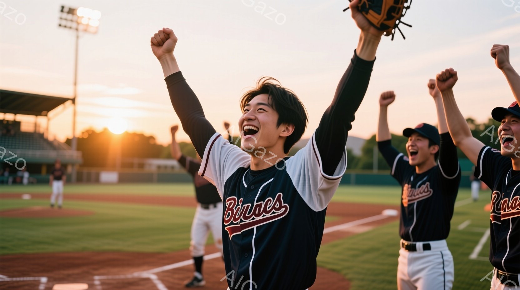 野球の試合後、選手たちが勝利を祝って腕を高く上げている様子が写っている。紺色と白のユニフォームを着ており、髪型は短髪で、顔には満面の笑みが浮かんでいる。背景には緑の芝生、観客席、そして夕焼けが広がり、 - AI生成フリー素材