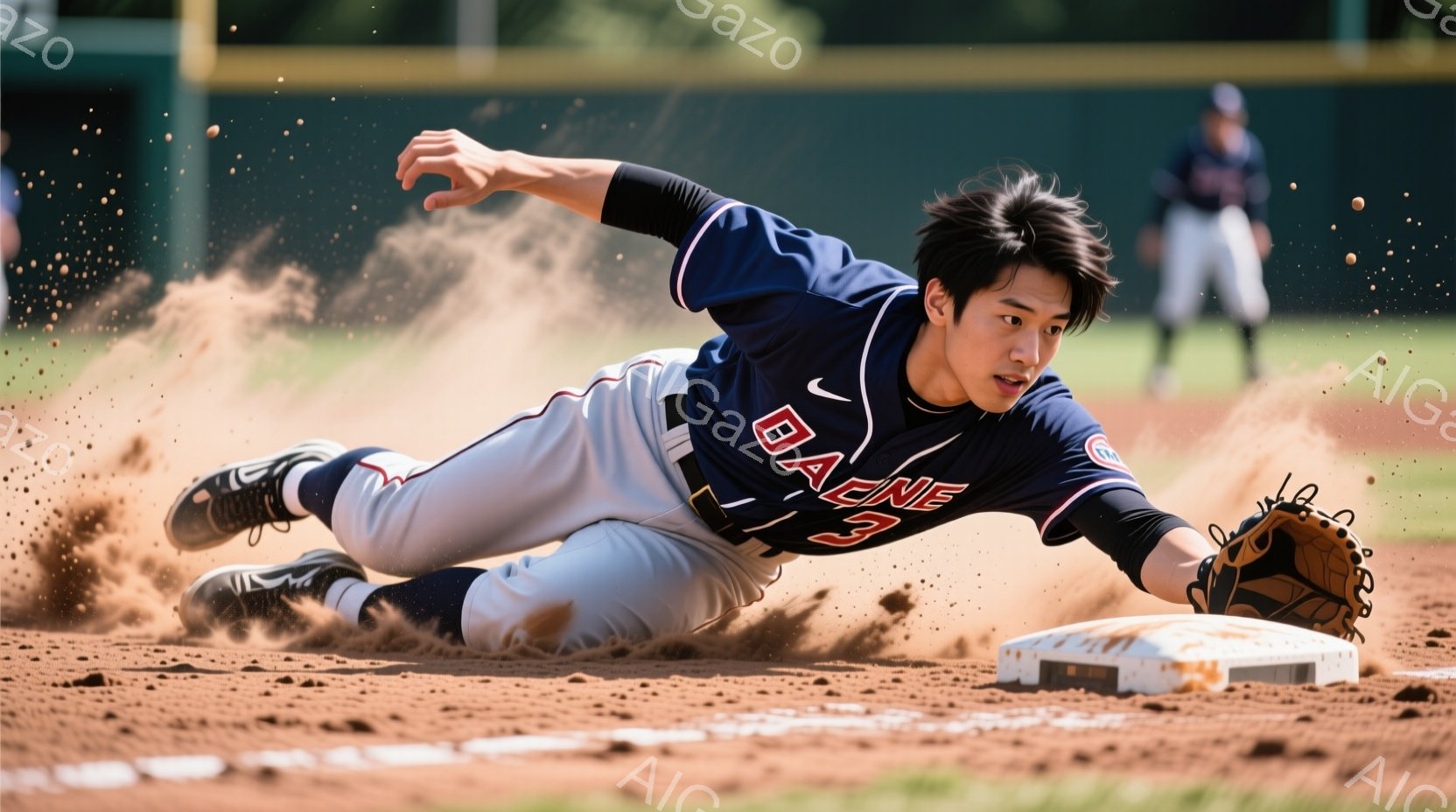 野球選手がベースにスライディングしている瞬間を捉えた写真です。紺色のユニフォームに「BAINE 3」と書かれており、黒髪で、顔は真剣な表情をしています。土埃が舞い上がり、背景には緑の芝生とぼんやりとした観客席が見え、活気ある試合の雰囲気が伝わってきます。